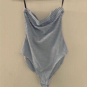 Blue and White Striped Strapless Bodysuit